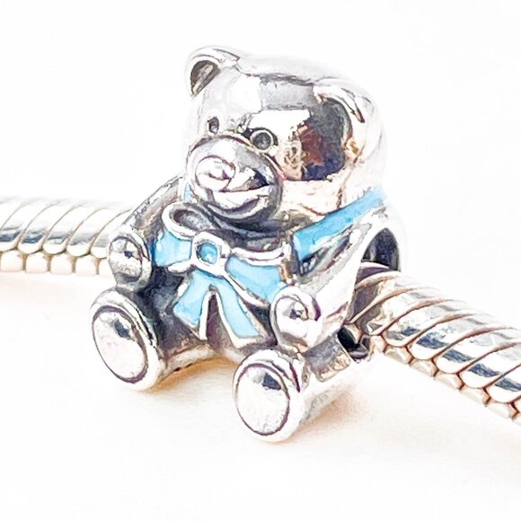 Pandora It's a Boy Sterling Silver Teddy Bear Charm With Blue Ribbon - Picture 4 of 6